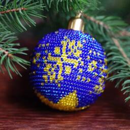 Handmade Beaded Christmas Ball Blue & Gold Czech Bead Ornament - thumbnail 4