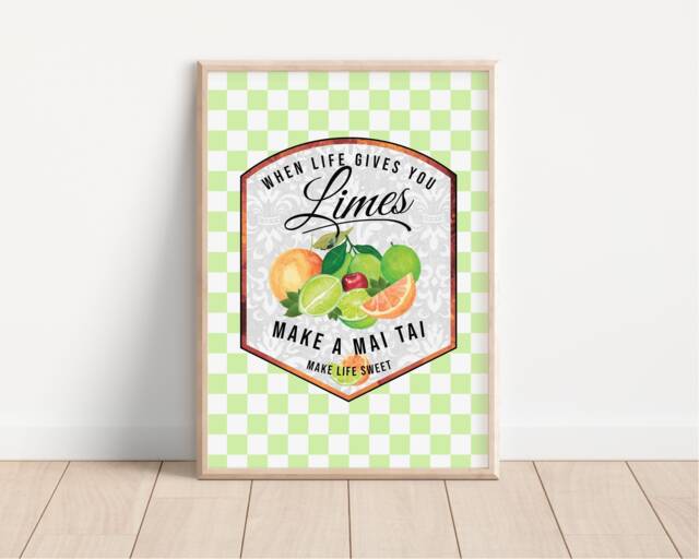 Mai Tai Cocktail Print - Retro, 1970S Summer, Bright Pastels, On Trend Fashion Prints, Bar Poster, Kitchen Print, Checkerboard, Lime Citrus - image 1
