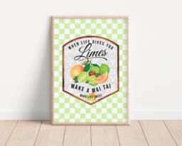 Mai Tai Cocktail Print - Retro, 1970S Summer, Bright Pastels, On Trend Fashion Prints, Bar Poster, Kitchen Print, Checkerboard, Lime Citrus - thumbnail 1