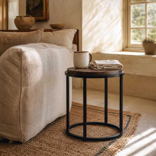 Vintage Industrial Loft Round Black Occasional Side Table With Mango Wooden Top - image 1