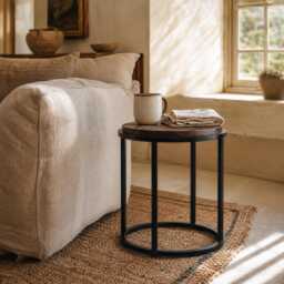 Vintage Industrial Loft Round Black Occasional Side Table With Mango Wooden Top - thumbnail 1