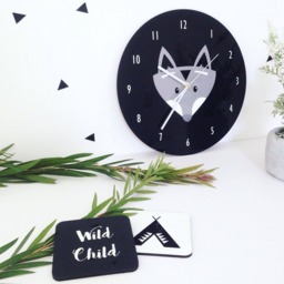 Fox Clock - Woodland Wall Clock, Child's Black & White Nursery - thumbnail 1