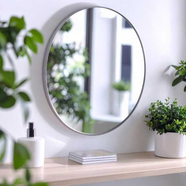 Modern Silver Round Wall Mirror - Industrial Metal Frame Easy Installation Bathroom, Entryway, Vanity, Living Room Decor - image 1