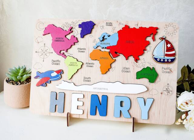 World Map Baby Name Puzzle, Birthday Gift Children Toy, Personalized Toddler Kids Wood Montessori Toys - image 1