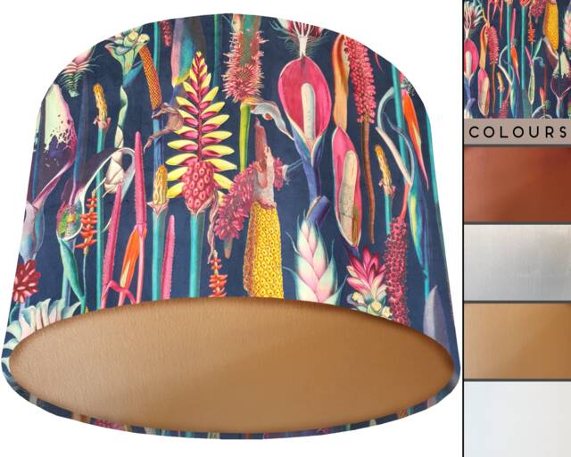 Blue Velvet Lampshade Botanical Fabric, Exotic Floral Light Shade - image 1