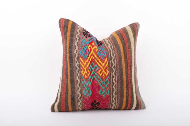 Vintage Turkish Kilim Pillow Cover Handwoven Wool Cushion - 16x16 - image 1