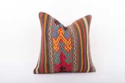 Vintage Turkish Kilim Pillow Cover Handwoven Wool Cushion - 16x16 - thumbnail 1