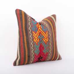 Vintage Turkish Kilim Pillow Cover Handwoven Wool Cushion - 16x16 - thumbnail 3