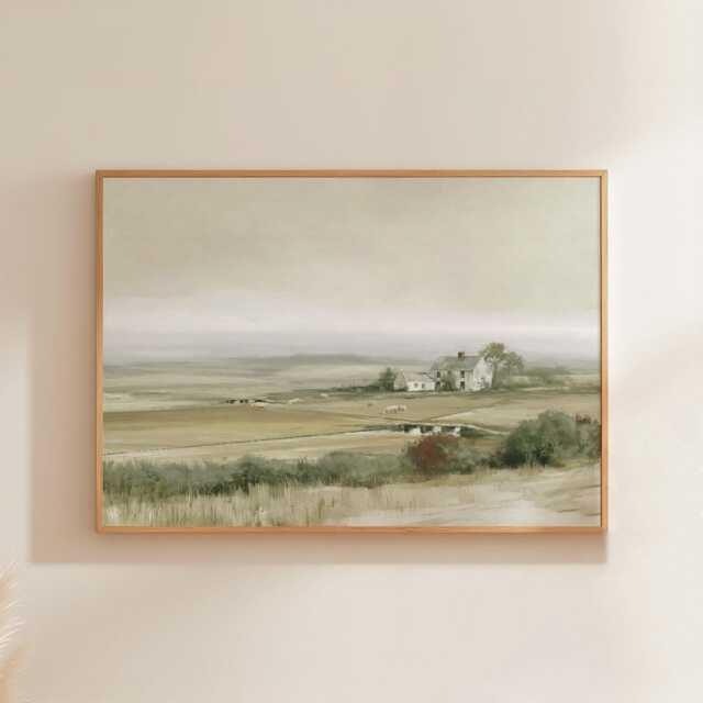 Farmhouse Landscape Poster, Neutral Countryside Wall Art, Rural Print - image 1