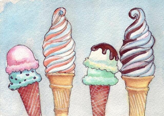 Ice Cream Print - 4 Summer Cones Watercolor Painting Four Scoops Cone Food Illustration 8x10 - image 1