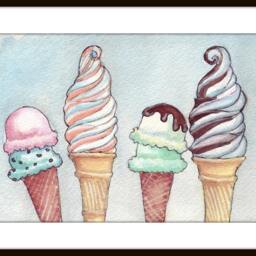 Ice Cream Print - 4 Summer Cones Watercolor Painting Four Scoops Cone Food Illustration 8x10 - thumbnail 3