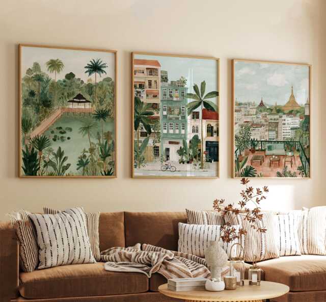 Yangon Myanmar Poster Set Of 3, Vintage Travel Illustration, Retro Asia Cityscape Wall Art Prints - image 1