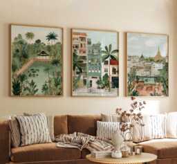 Yangon Myanmar Poster Set Of 3, Vintage Travel Illustration, Retro Asia Cityscape Wall Art Prints - thumbnail 1