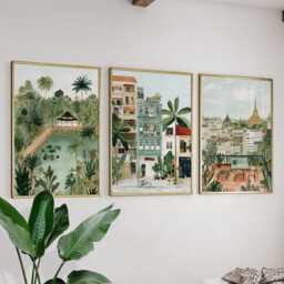 Yangon Myanmar Poster Set Of 3, Vintage Travel Illustration, Retro Asia Cityscape Wall Art Prints - thumbnail 3