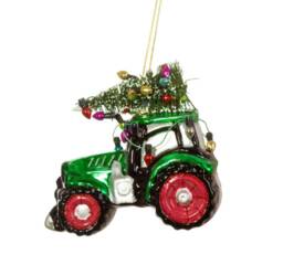Green Tractor With Festive Lights Carrying Christmas Tree Hanging Bauble - Winter Wonderland Farmer Agriculture Countryside Mechanic Gift