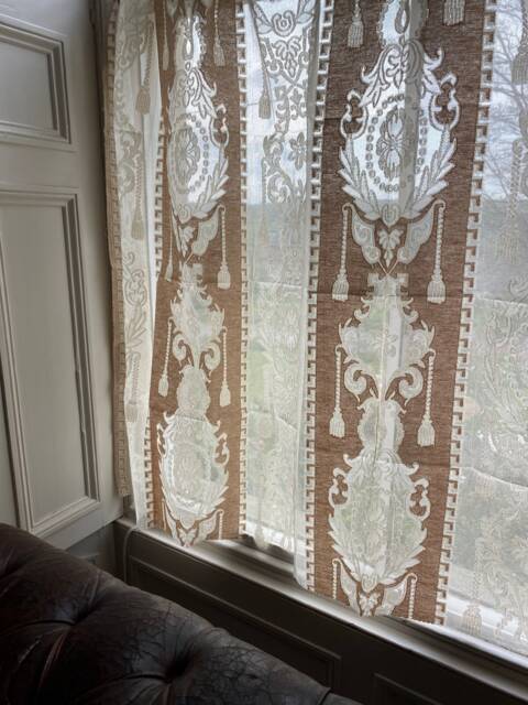 Scottish Madras Lace Curtain Panel Jacobean Tassels Motif, 66 - image 1