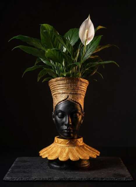 Nefertari Head Planter - Cast Stone Bust Sculpture, Gold Crown African Art - image 1