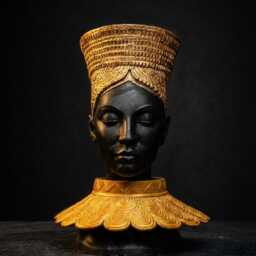 Nefertari Head Planter - Cast Stone Bust Sculpture, Gold Crown African Art - thumbnail 2