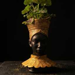 Nefertari Head Planter - Cast Stone Bust Sculpture, Gold Crown African Art - thumbnail 3