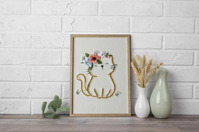 Embroidered Cat Wall Art - Framed Hand Embroidery On Linen Floral Decor-Made in Italy Gift For Lovers Handmade Home Decor - image 1
