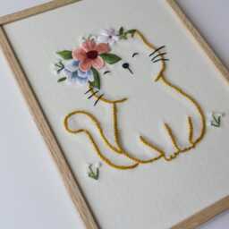 Embroidered Cat Wall Art - Framed Hand Embroidery On Linen Floral Decor-Made in Italy Gift For Lovers Handmade Home Decor - thumbnail 3