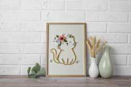 Embroidered Cat Wall Art - Framed Hand Embroidery On Linen Floral Decor-Made in Italy Gift For Lovers Handmade Home Decor