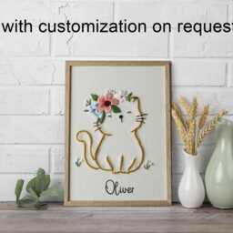 Embroidered Cat Wall Art - Framed Hand Embroidery On Linen Floral Decor-Made in Italy Gift For Lovers Handmade Home Decor - thumbnail 4