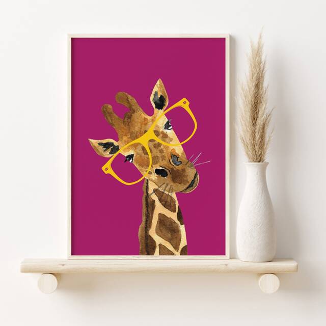 Giraffe Watercolor Print Animal Art With Glasses - image 1