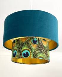 New Luxurious Handmade By Order Teal Velvet & Peacock Feathers Print Two Tier Pendant Lamp Light Shade With Metallic Lining