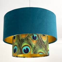 New Luxurious Handmade By Order Teal Velvet & Peacock Feathers Print Two Tier Pendant Lamp Light Shade With Metallic Lining - thumbnail 3