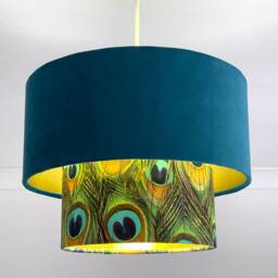 New Luxurious Handmade By Order Teal Velvet & Peacock Feathers Print Two Tier Pendant Lamp Light Shade With Metallic Lining - thumbnail 2