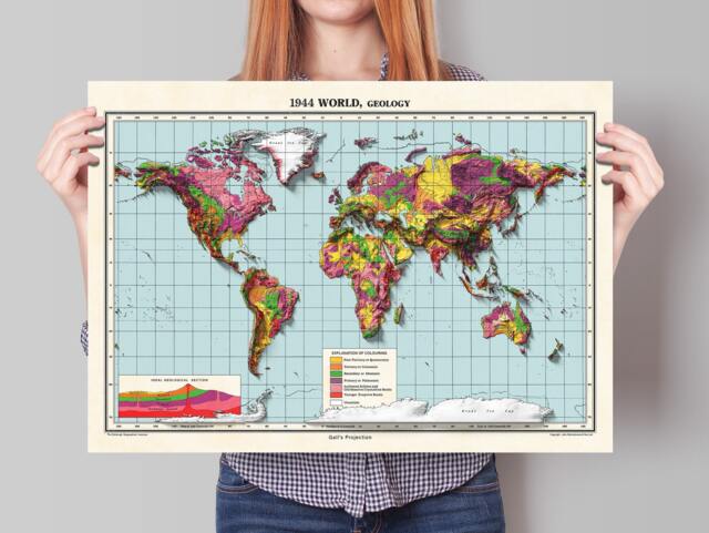 World Geology Map - 1944 Vintage Geological Poster Survey 3D Effect Shaded Relief Print Reproduction - image 1