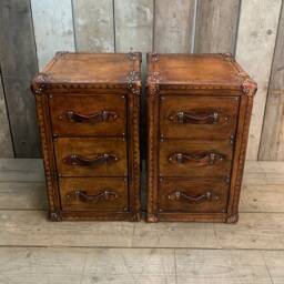 Leather Luxury Oak Aged Nightstands - Matching Pair English Handmade - thumbnail 4