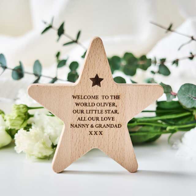 Personalised Wooden Star Birth Keepsake - Engraved Christening Gift Decoration - image 1