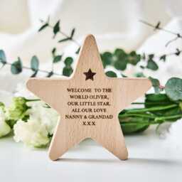 Personalised Wooden Star Birth Keepsake - Engraved Christening Gift Decoration - thumbnail 1