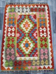 Classic Kilim Rug, Handmade Artisan Afghan Turkish Scandinavian Navajo Bohemian Wool Flatweave Multicolour Rug 123x89 cm - thumbnail 1