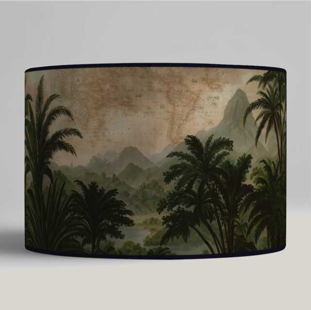 Tropical Lampshade Vintage-style Landscape With Exotic Jungle Pattern in Green & Beige Tones - Available As A Lamp Base Or Pendant - image 1