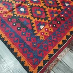Handmade Afghan Kilim Rug, Artisan Red Natural Wool Flatweave, Classic Geometric Design, 270x186 cm - thumbnail 2