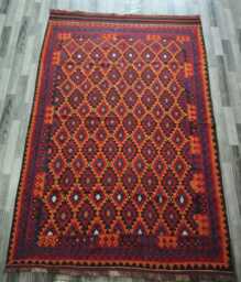 Handmade Afghan Kilim Rug, Artisan Red Natural Wool Flatweave, Classic Geometric Design, 270x186 cm - thumbnail 1