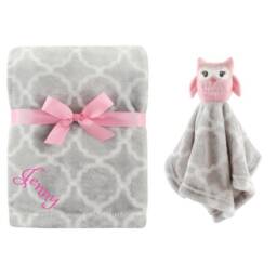 Personalized Blanket & Security Blanket Set For Baby Custom Monogram /Name Embroidered Gift Blue Owl Shower Infant - thumbnail 2