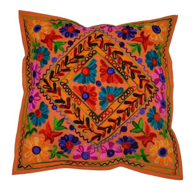Indian Handmade Suzani Cushion Covers Colorful Flower Pillow Cases Woolen Embroidered Bohemian Decor Look Square Cushions - image 1