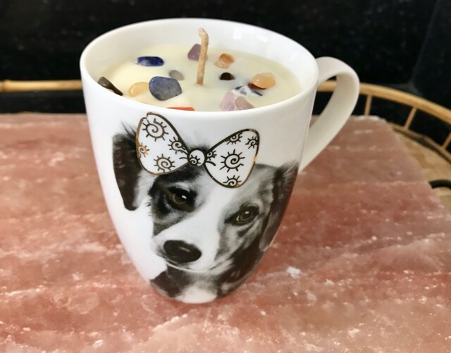 Candle Jasmine Scented Soy Wax Aroma Therapy in White Coffee Mug With Puppy - image 1