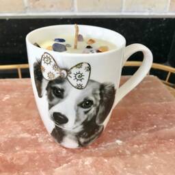 Candle Jasmine Scented Soy Wax Aroma Therapy in White Coffee Mug With Puppy - thumbnail 4