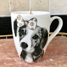 Candle Jasmine Scented Soy Wax Aroma Therapy in White Coffee Mug With Puppy - thumbnail 2