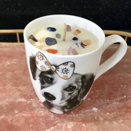 Candle Jasmine Scented Soy Wax Aroma Therapy in White Coffee Mug With Puppy - thumbnail 3