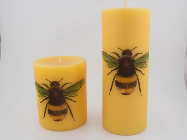 Bee Large Pillar Candles 100% Dorset Beeswax With A Decoupage Bee Decoration - image 1