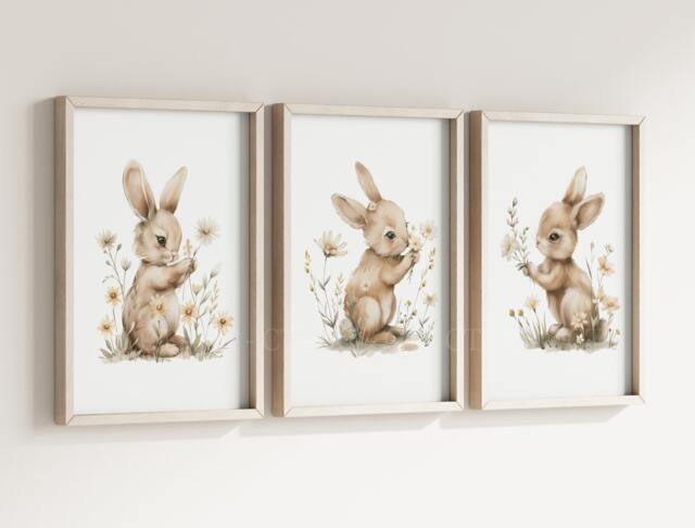 Bunny Rabbit Baby Girls A4 Or A3 Nursery Set Of Unframed Prints Natural Beige Boho Wild Flowers Neutral - image 1
