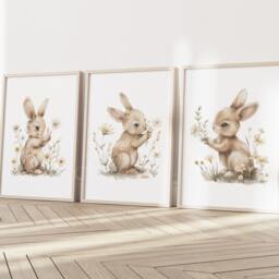 Bunny Rabbit Baby Girls A4 Or A3 Nursery Set Of Unframed Prints Natural Beige Boho Wild Flowers Neutral - thumbnail 2