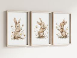 Bunny Rabbit Baby Girls A4 Or A3 Nursery Set Of Unframed Prints Natural Beige Boho Wild Flowers Neutral - thumbnail 1