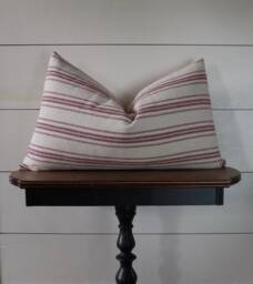 Grain Sack Pillow Cover - Farmhouse Lumbar Ticking Burgundy 12 Stripe Beige Fabric Zipper Closure - thumbnail 1